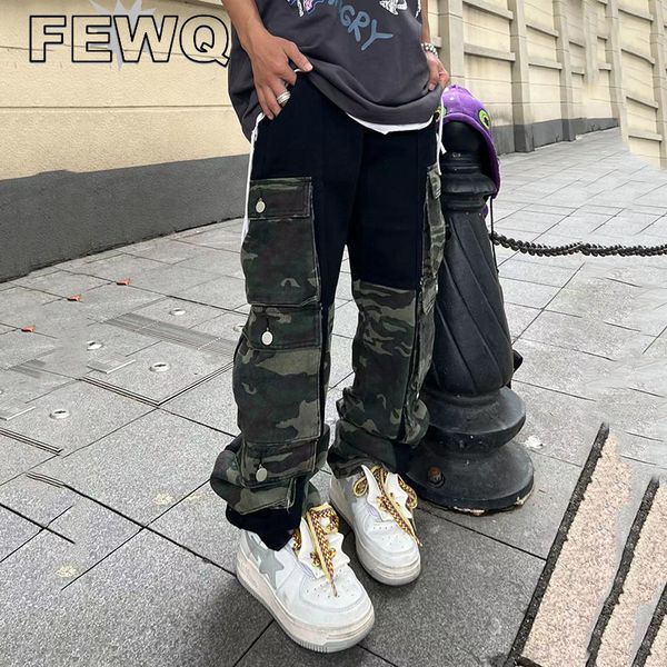 Mens Jeans Fewq Multi Bolsos Patchwork High Street Cargo Calças Y2K Nicho Design Denim Calças Safari Estilo Chic 24B3325 230828