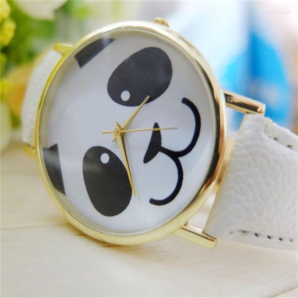Relógios de pulso Moda Panda Face Circular Dial Relógio Branco Pulseira de Couro Simples Impermeável Quartz Analógico