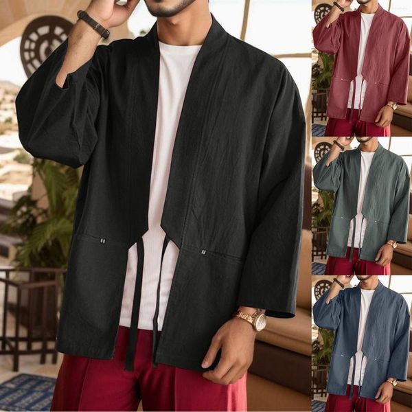 Casacos de Trench Masculinos Estilo Nacional Retro Hanfu Suéter Japonês Homens Lã Tan Cardigan por Longo Com Capuz