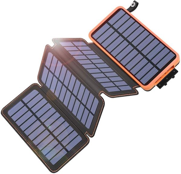 Banco de energia solar, carregador solar de enorme capacidade de 10000mah com painéis solares dobráveis 1/2/3/4 e luz LED, 2 saídas USB-C e 1 entrada para acampamento ao ar livre, caminhadas de emergência