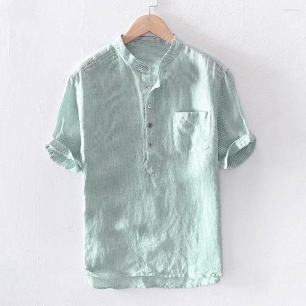 Erkekler Sıradan Gömlek Kılıf Kısa Üstler Bluz Pamuk T Bol düğme yaz bluzları Erkekler için Stripe Cep