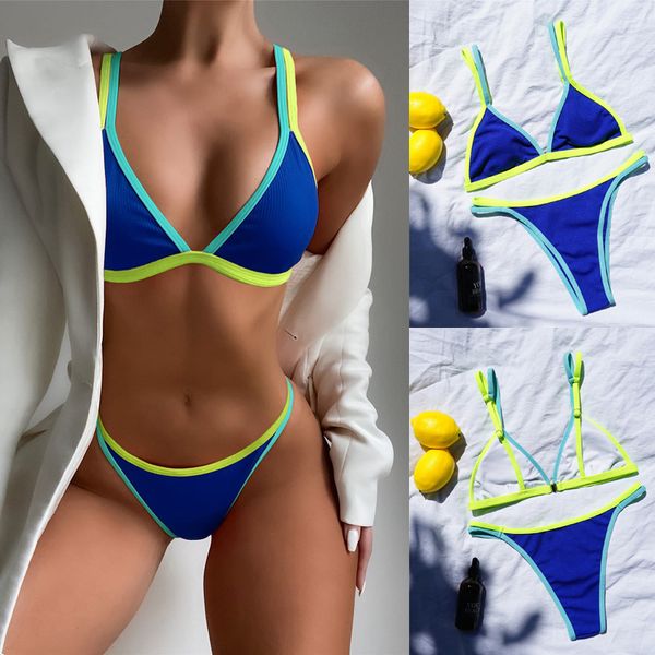 Costumi da bagno donna sexy Costume da bagno bikini a blocchi di colore solido Costume da bagno diviso Moda donna Perizoma T-back Costume da bagno Abbigliamento da spiaggia estivo Attrezzatura per sport acquatici Vacanza al mare Bikini Set