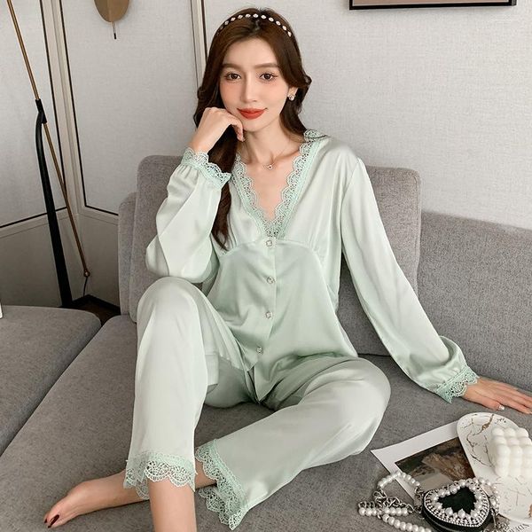 Mulheres Sleepwear Primavera Outono Mulheres Lace Trim Doce 2 PCS Pijamas Terno Manga Completa Pant Pijamas Faux Silk Nightwear Casual Home Roupas