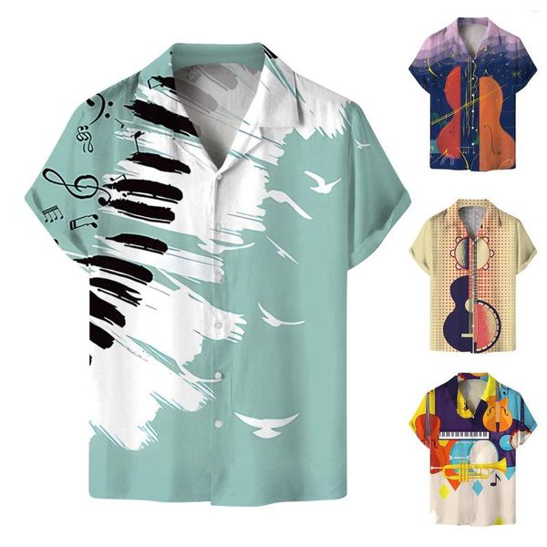 Camisas casuais masculinas rua camiseta blusas roupas instrumentos musicais digital 3d impresso lapelas botões de manga curta topos