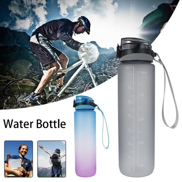 Wasserflaschen 32 Unzen Frosted Material Flasche BPA-frei mit Bounce Cover Zeiterinnerung Auslaufsicherer Becher für Sport Fitness Laufen Schwimmen