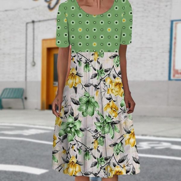 Vestidos casuais primavera e verão moda feminina em torno do pescoço manga curta plissada vestido de comprimento médio marcas de impressão floral para mulheres