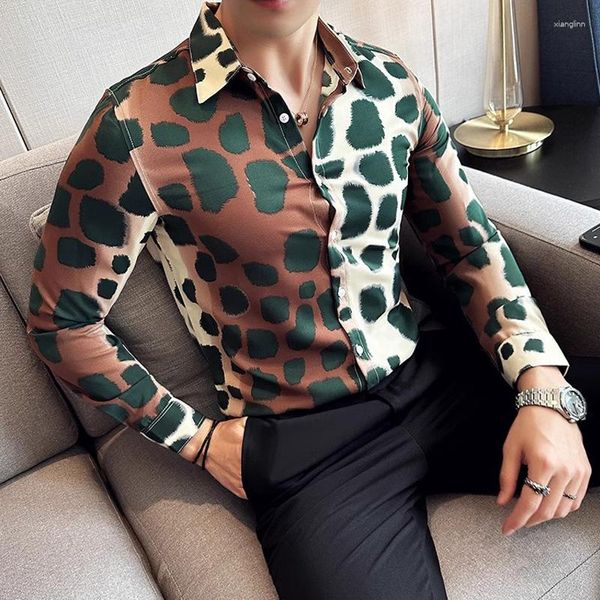 Camisas casuais masculinas tendência contraste cor leopardo camisa masculina moda sexy manga longa impressão social homens boate botão blusas homem