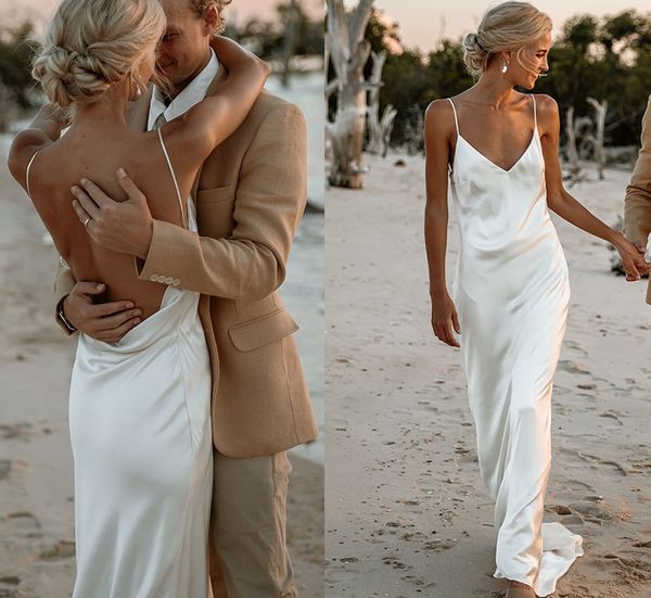 Sexy praia sem costas vestido de casamento cintas de espaguete decote em v cetim aberto volta vestidos de festa de noiva viés cutvestidos de novia