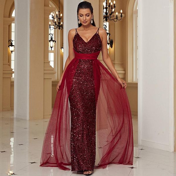 Vestidos casuais 2023 no verão sexy espaguete cinta backless v pescoço vinho vermelho lantejoulas malha cocktail casamento baile de formatura noite vestido longo