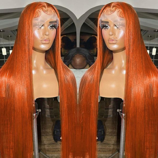 13x4 Ginger Orange Remy 13x6 кость прямой фронтальный парик 36 -дюймовый HD прозрачный кружевные парики с передним человеческими волосами для женщин 7790
