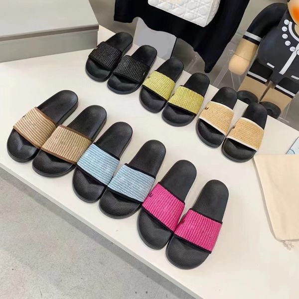 Chinelos de designer Mulheres Sandálias Planas Chinelos de Borracha Toalha Sandálias De Malha De Lã Sapato De Couro Slides Trança Carta Impressão Plataforma Sandália Mulheres Flip Flops