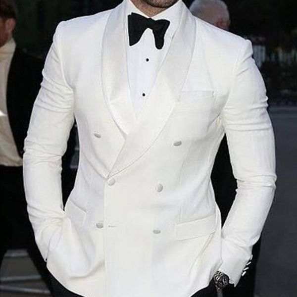 Ternos masculinos blazers duplo breasted branco casamento smoking 2 peça magro ajuste homens com calças pretas baile masculino moda noivo traje jaqueta 230828