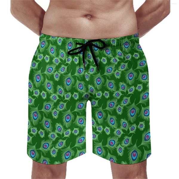Мужские шорты летняя доска павлин перья спортивные лайм и синий дизайн пляж Гавайи Quick Drying Swim Trunks плюс размер 3xl