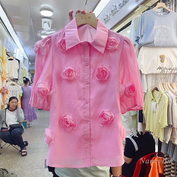Blusas femininas moda tridimensional flor puff manga camisa 2023 verão transparente chique blusa de manga curta mais jovem senhora topo