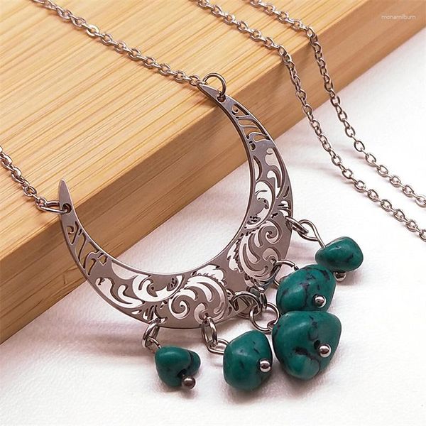 Anhänger Halsketten Vintage Boho Hohl Crescent Moon Blau Stein Quaste Halskette Für Frauen Edelstahl Böhmischen Choker Schmuck NXS04