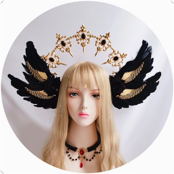 Stile gotico Lolita Rosa nera Ali di piume di diavolo Dea Sole Halo Corona Fascia Splendido copricapo vintage Mary barocco Tiara