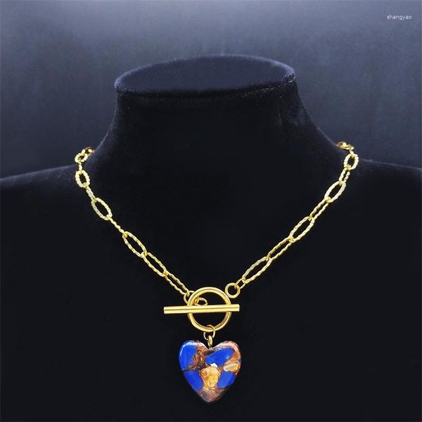 Anhänger Halsketten Edelstahl Blauer Sektor Kaiserstein Herz Halskette Frauen Gold Farbe Kette Schmuck Acier Inoxydable NXS04