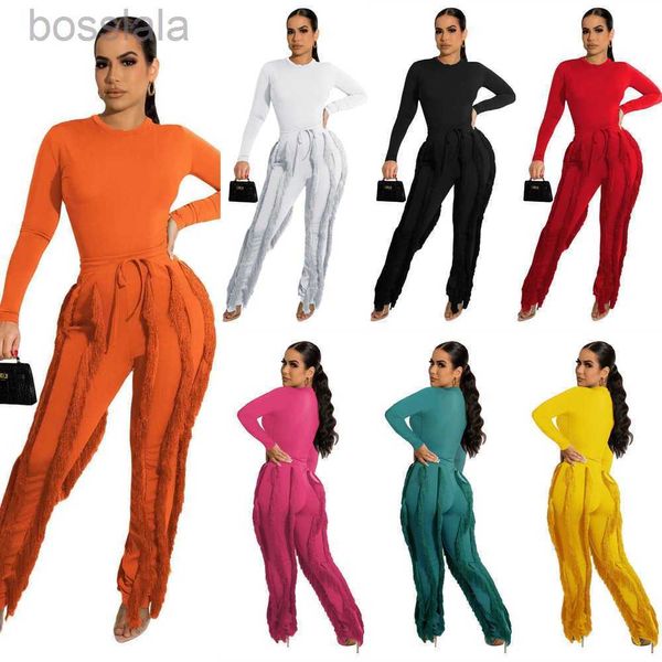 Designer Womens Tassel Tracksuits 2023 Outono Roupas Senhoras Manga Longa Bodysuit Macacão Top e Calças Com Cordão Combinando Outfits