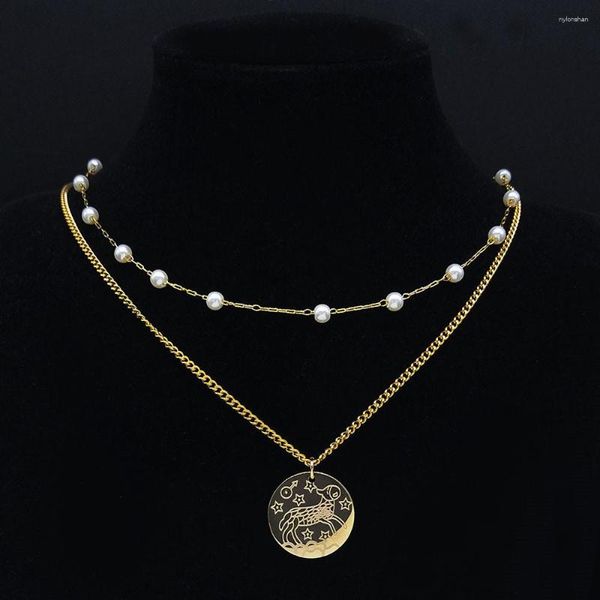 Collane con ciondolo 2 pezzi perle a strati 12 costellazioni in acciaio inossidabile donna / uomo colore oro Ariete collana girocollo gioielli Joyas N9210S04