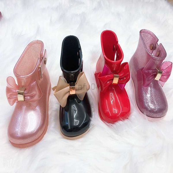 Botlar mini melissa sevimli su geçirmez yağmur botlar çocuklar çocuklar kız bebek pvc kelebek-düğüm tokası kayış noktalı kauçuk su botları hmi012 l0828