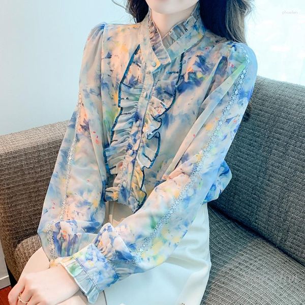 Женские блузки красивая печатная блузка для женщин Дизайн чувства синяя цветочная шифоновая рубашка 2023 Весна и осенние рубашки с длинными рукавами