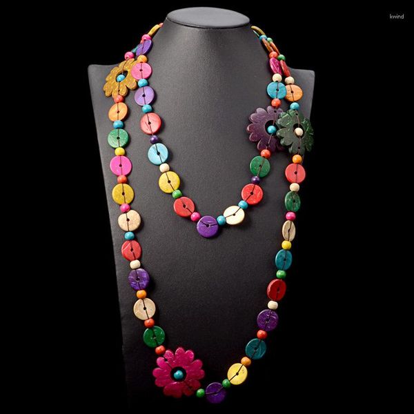 Anhänger-Halsketten, europäischer und amerikanischer Nationalstil, Retro-Mehrebenen-Kokosnussschalen-Blume, lange Halskette, handgewebte Perlen für Damen