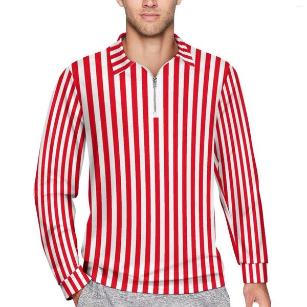 Herren Polos Candy Gestreifte lässige Poloshirts Rote und weiße T-Shirts Langarm-Design-Shirt Streetwear Übergroße Kleidung Geburtstagsgeschenk