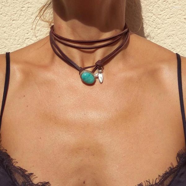 Anhänger Halsketten 2023 Böhmische Leder Seil Türkis Halskette Für Frauen Sommer Boho Vintage Einfache Schmuck Hals Kette Zubehör