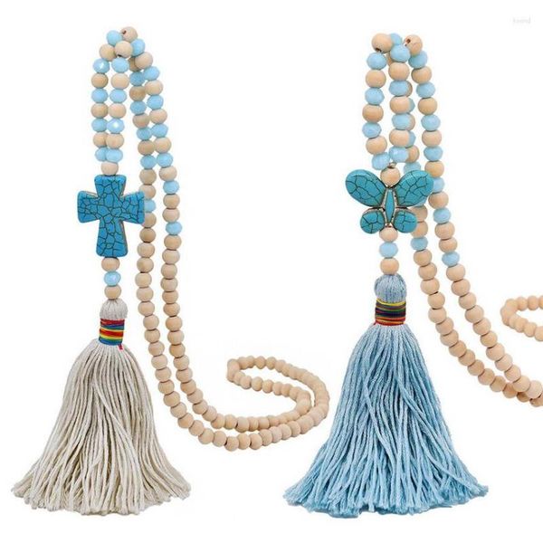 Collane con ciondolo Perle di vetro in legno misto Catena lunga Collana con nappa a farfalla con croce turchese per donna Arrivo Boho originale