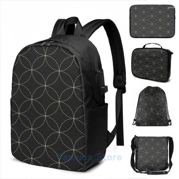 Mochila Impressão Gráfica Elegante Dourado Preto Japonês Padrão Sem Emenda Carga USB Homens Sacos Escolares Mulheres Saco De Viagem Laptop