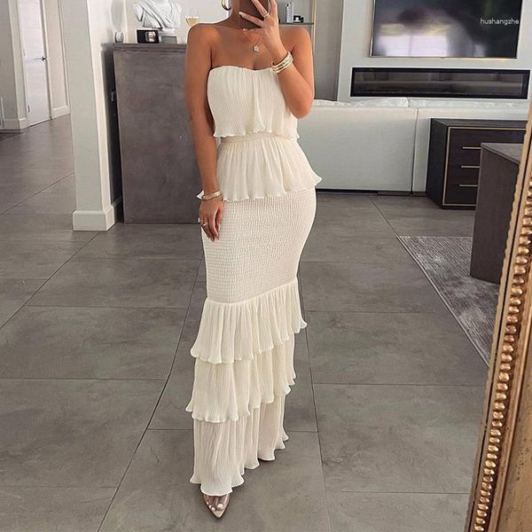 Casual Kleider Mode Plissee Cascading Rüschen Frauen Elegante Party Sexy Tube Top Schlank Bodycon Langes Kleid Einfarbig Dame