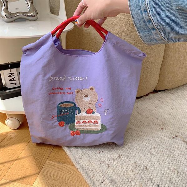 Abendtaschen im japanischen Stil, Cartoon-Stickerei, Nylon-Einkaufstasche, modische Handtaschen für Frauen und Mädchen, süße große Kapazität, Stoffschulter