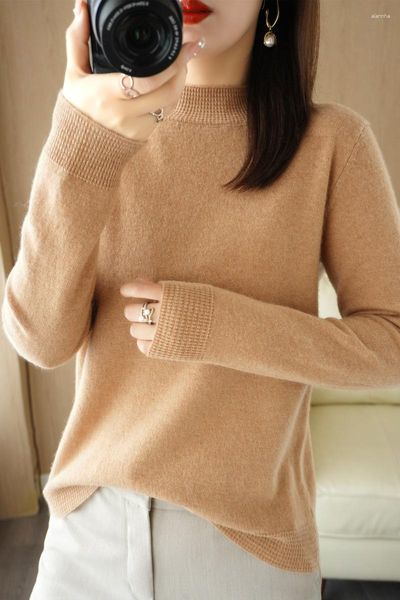 Camisolas femininas outono e inverno 2023 gola semi alta pulôver moda final atmosfera slouchy casual coreano camisola de malha feminina