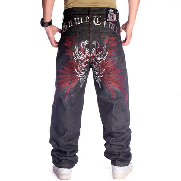 Jeans masculinos plus size 30-46 polegadas skate mens baggy jeans larga perna solta hip hop bordado flor asas masculinas calças jeans calças 230826