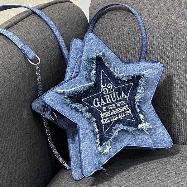 Borse da sera Zaino blu denim 2023 Nuova lettera ricamata Pentagramma Nappa Borsa a tracolla con cerniera Zaino per le donne Trendy Sweet Cool J2300828