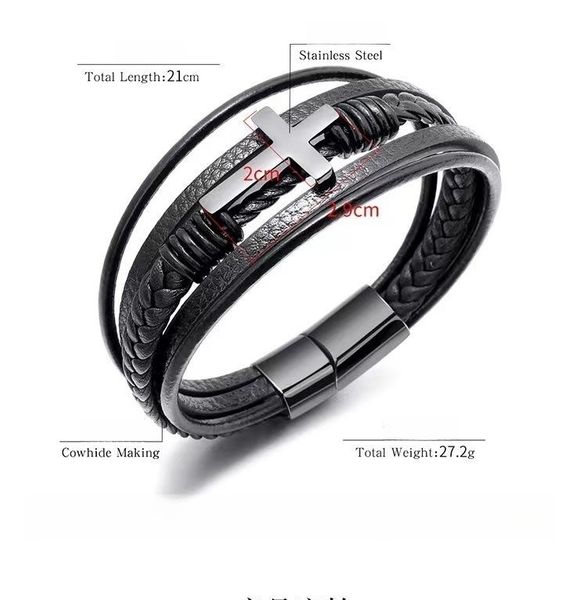 Bracciale da uomo con fibbia magnetica in pelle intrecciata nera fatta a mano, accessori incrociati in acciaio inossidabile