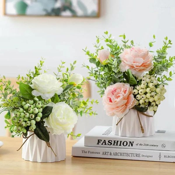 Vasen Nordic Künstliche Blumen Set Rose Pflanzen Topf Keramik Seil Vase Für Tisch Home Party Büro Hochzeit Dekoration