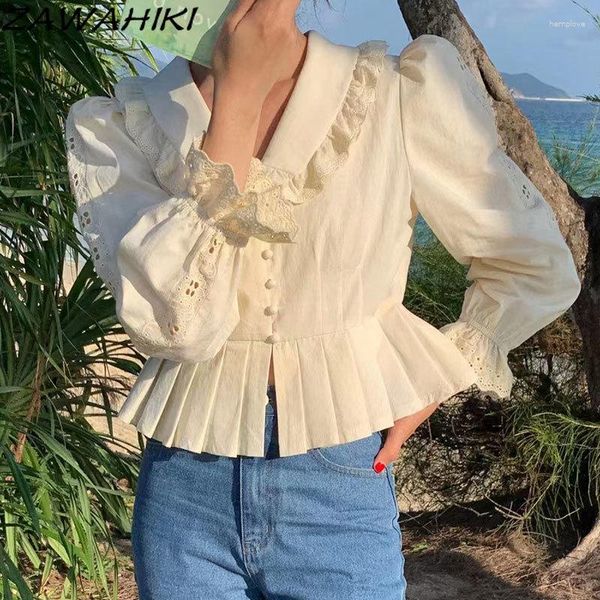 Camicette da donna Coreano Chic Primavera Autunno Francese Vintage Ruffles Colletto rovesciato Camicia da donna pettorale Patchwork Pieghettato Manica lunga svasata