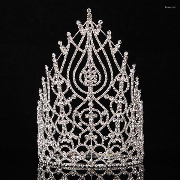 Fermagli per capelli Corona per spettacolo di bellezza Corone alte con strass Fascia di contorno regolabile in cristallo Miss Big Tiara