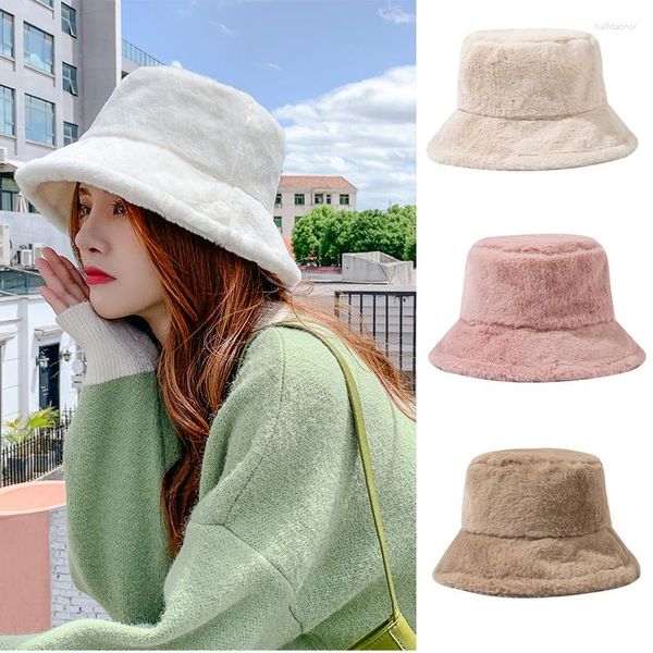 Berretti Cappello a secchiello Moda Tinta unita Inverno Spessore Caldo Pelliccia sintetica Peluche Cappelli da donna Pile di lana Cappellino Panama da donna Cappellini da sole