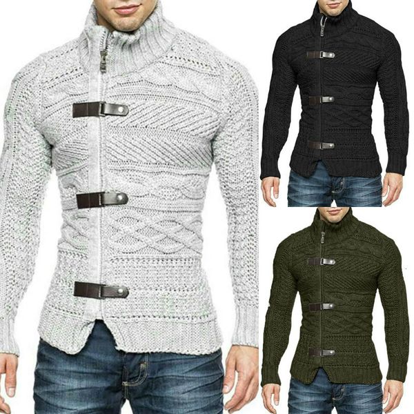 Erkek Sweaters Fallwinter 2023 BUTLENECK KAZANIŞI MENS DERİ DÜĞMELERİ Uzun Kollu Örme Haldigan Ceket Erkekler 230826