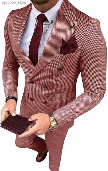 Terno masculino cinza formal 2 peças fino ajuste duplo breasted xadrez lã macia tweed baile smoking casamento padrinhos (blazer + calças) q230828