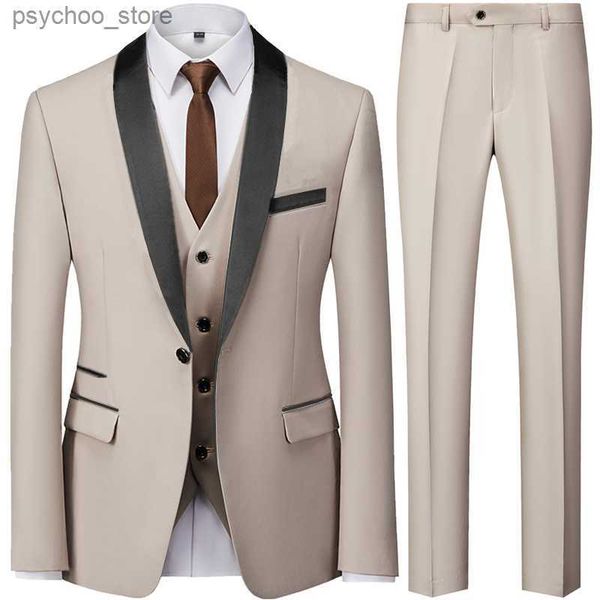 2023 moda novos homens casual boutique negócios magro padrão escuro casamento anfitrião formal terno 3 pçs conjunto jaqueta vestido casaco calças colete q230828