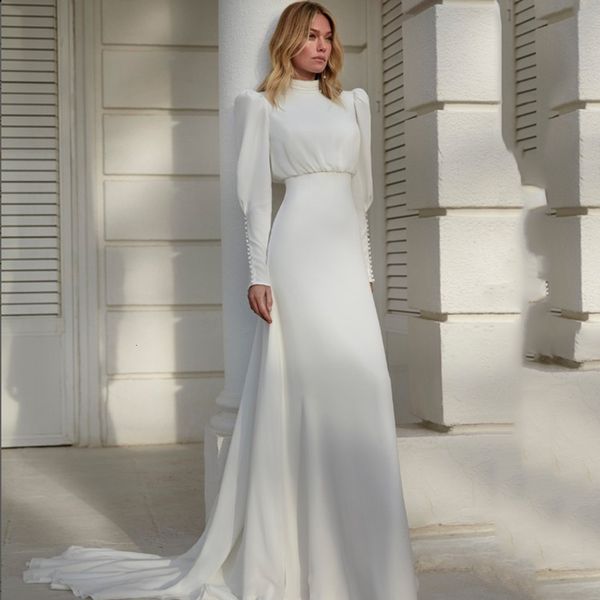 Городские сексуальные платья Современные высокие шеи белое шифоновое свадебное платье для женских складки из рукава с длинными фонарями элегантная оболочка невеста.