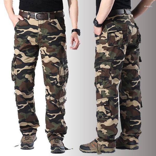 Calças masculinas macacão algodão militar camuflagem carga homens streetwear tático casual multi-bolso exército reto baggy calças compridas