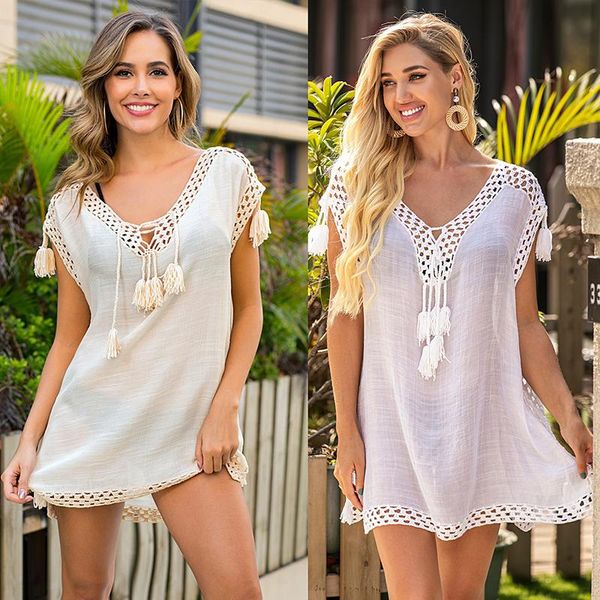 Kleider Häkelkleiderkleid Cover ups für Badebekleidung Wellen 2021 Sommer Bohemian Kaftan Beach Kleider sexy Badeanzug Strandbekleidung Bikini Deckung