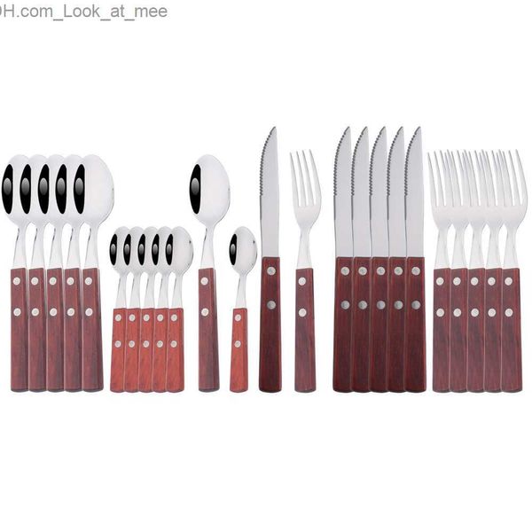 Set di stoviglie con manico in legno 16 / 24 pezzi Set di stoviglie di lusso in acciaio inossidabile coltello cucchiaio forchetta Set di posate completo da cucina occidentale Q230828