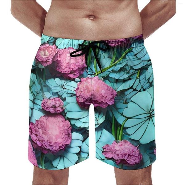 Pantaloncini da uomo Board Costume da bagno classico floreale rosa Foglie verdi Pantaloni corti da spiaggia sportivi alla moda ad asciugatura rapida