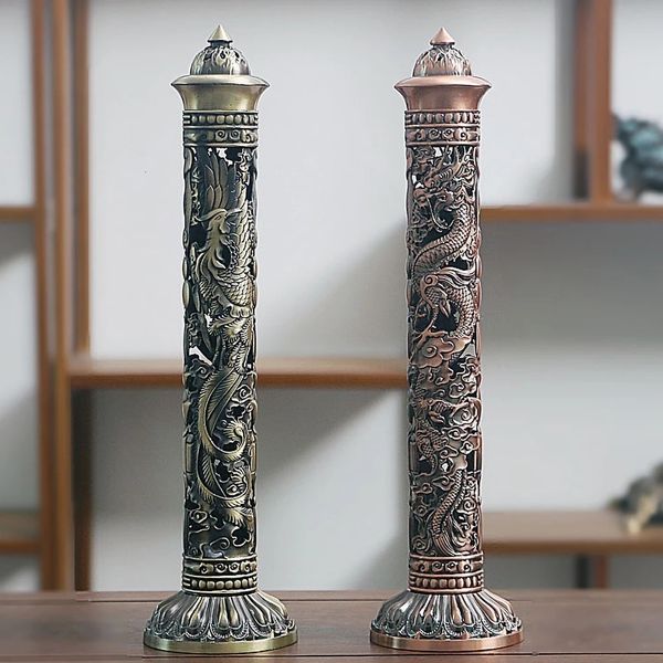 Novidade Itens Retro Vertical Incenso Buda Coração Sutra Dragão Phoenix Pilar Metal Stick Home Office Cerimônia Decoração 230828