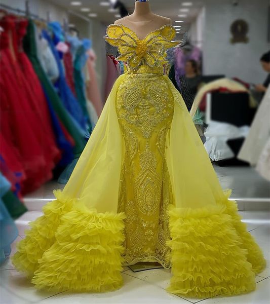 August Aso ebi Amarelo Mermaid Prom Dress Cristais